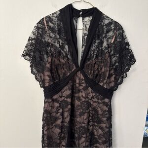 Vintage Adrianna Black Lace and pink under layer cocktail dress Size 14